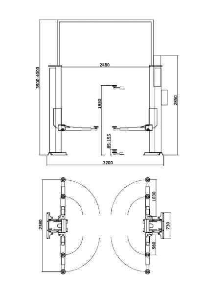 Zavagli Eurolift Z63/3S schwellenfreie 2-Säulen-Hebebühne 3500kg ohne Grundrahmen